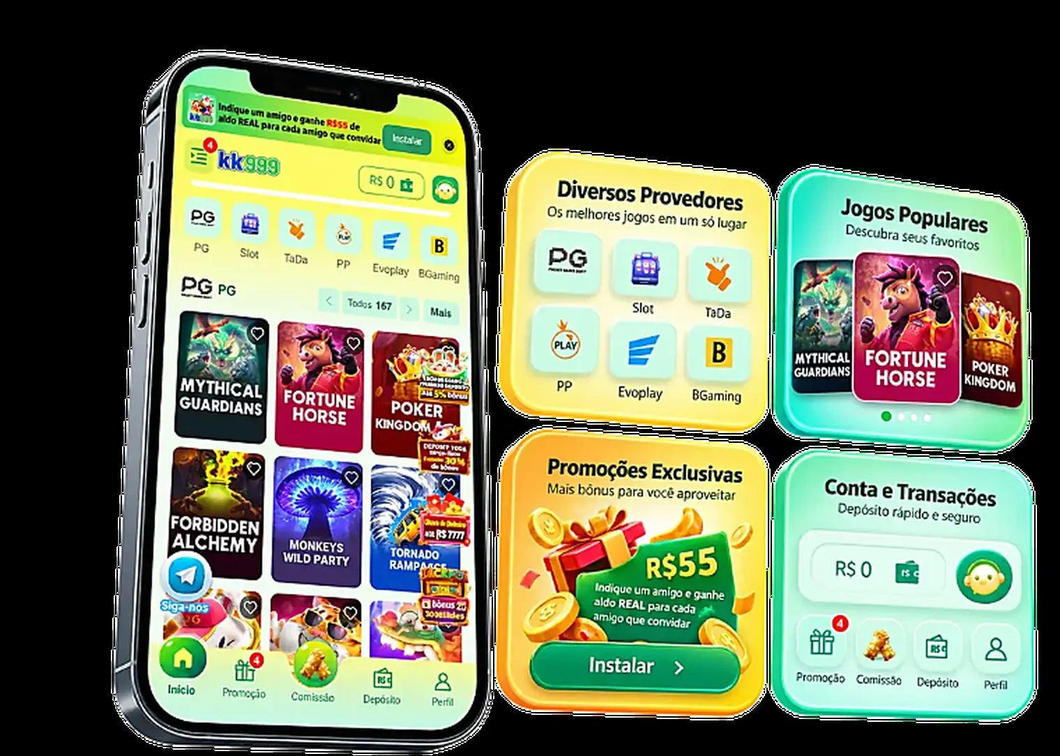 Visual do aplicativo BB999 em um celular, com jogos, promoções e recursos de conta