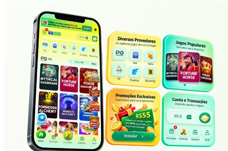 Prévia do aplicativo BB999 em um celular, com jogos, provedores, promoções e conta